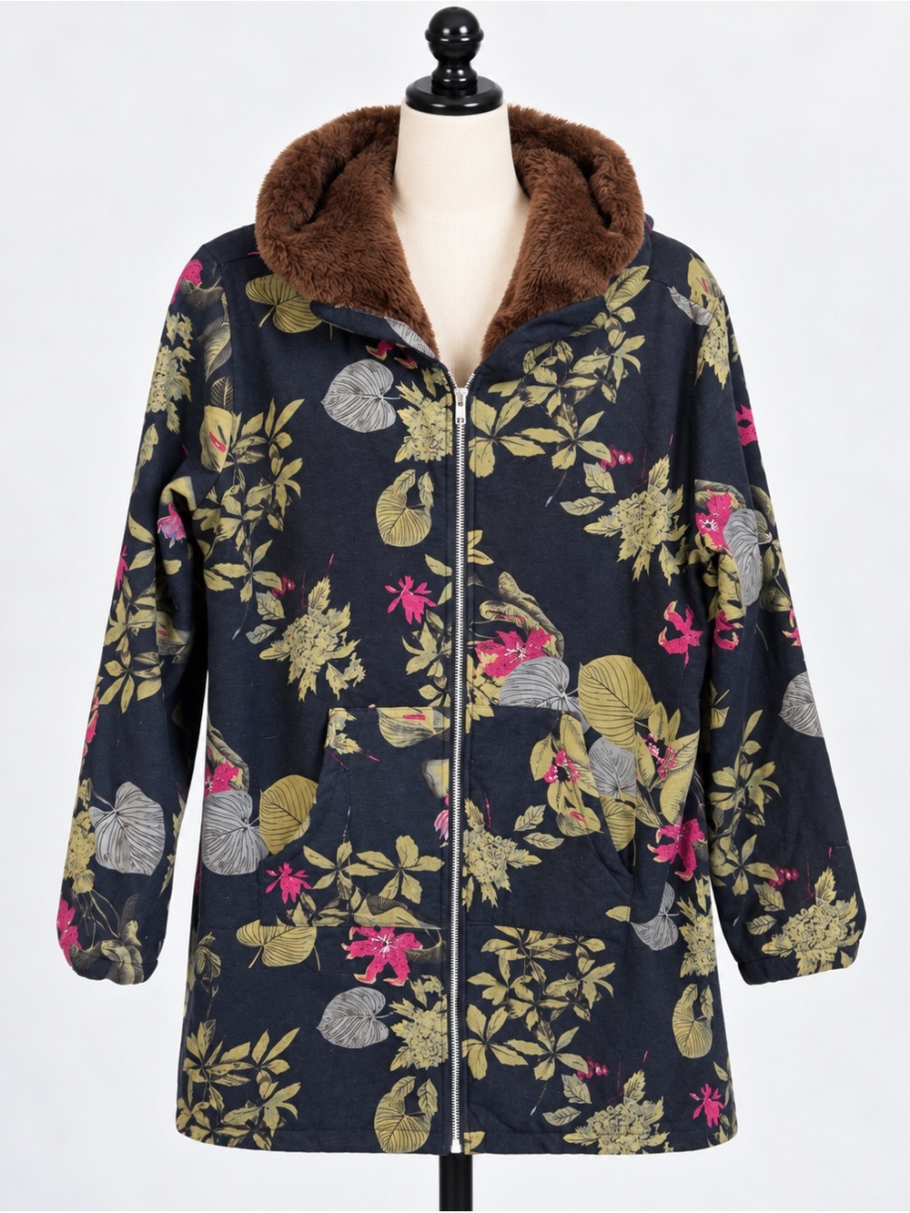 Floral Hooded Zip Front Coat in Navy with Brown Faux Fur -